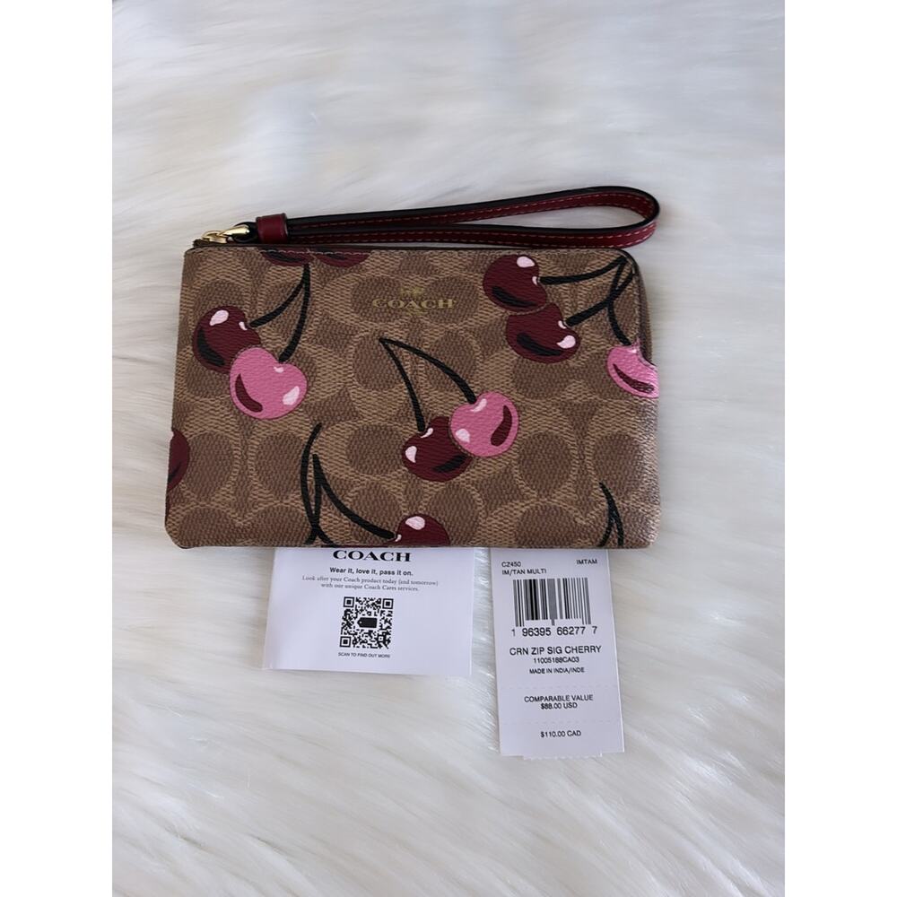 Coach Cherry Print Signature Wristlet in Brown and Pink - Picture 3 of 4